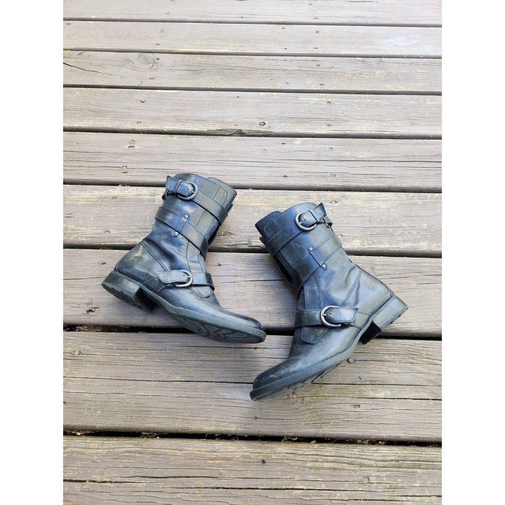 Born Alamid Moto Boots Navy Blue Leather Multi Strap Buckle Mid Calf Size 7.5M - Picture 2 of 8